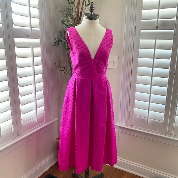 WOMAN PLEATED FLOCKED SILK-FAILLE MIDI DRESS BRIGHT PINK size 6 - Picture 5 of 13
